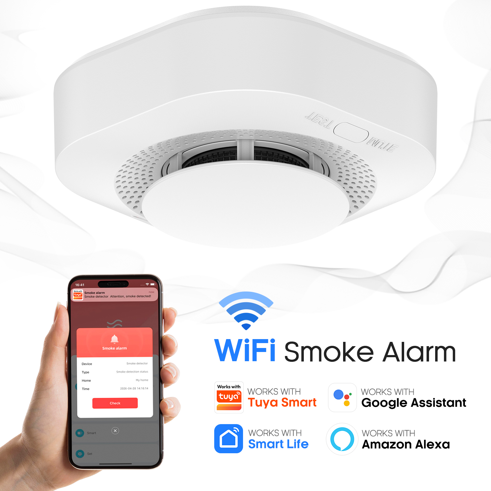 Smoke Detector Interconnected - Tuya WiFi Smoke Detector 90dB Sound